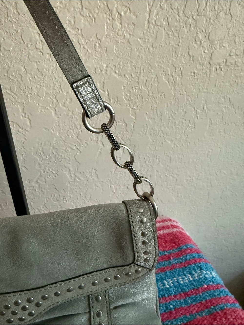 Fossil Metallic Silver Genuine Leather Studded Shoulder Bag Early 2010s - Picture 16 of 17